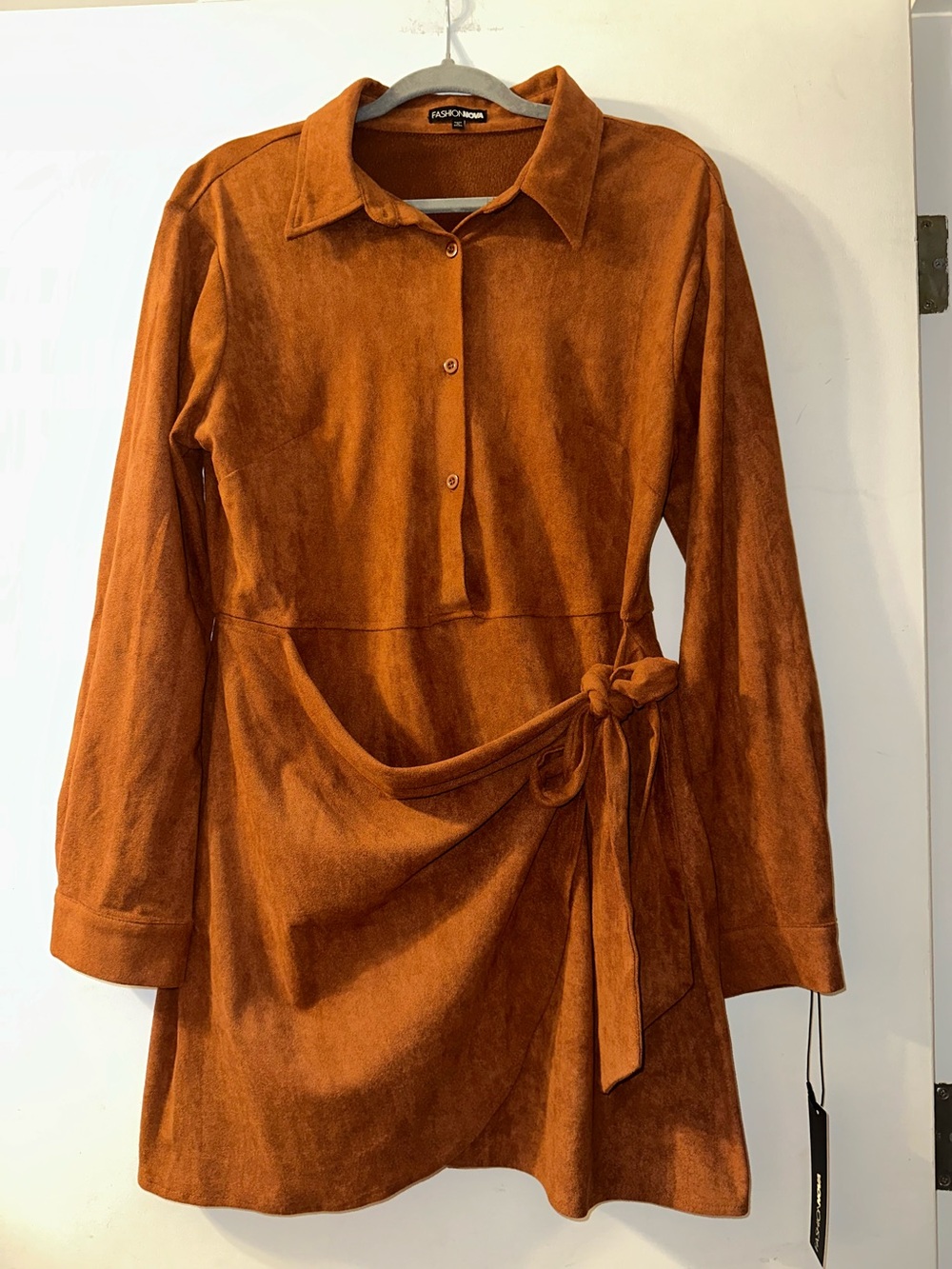 Fashion Nova Working Hard Rust Suede Mini Dress Women’s Size XL Tie Waist